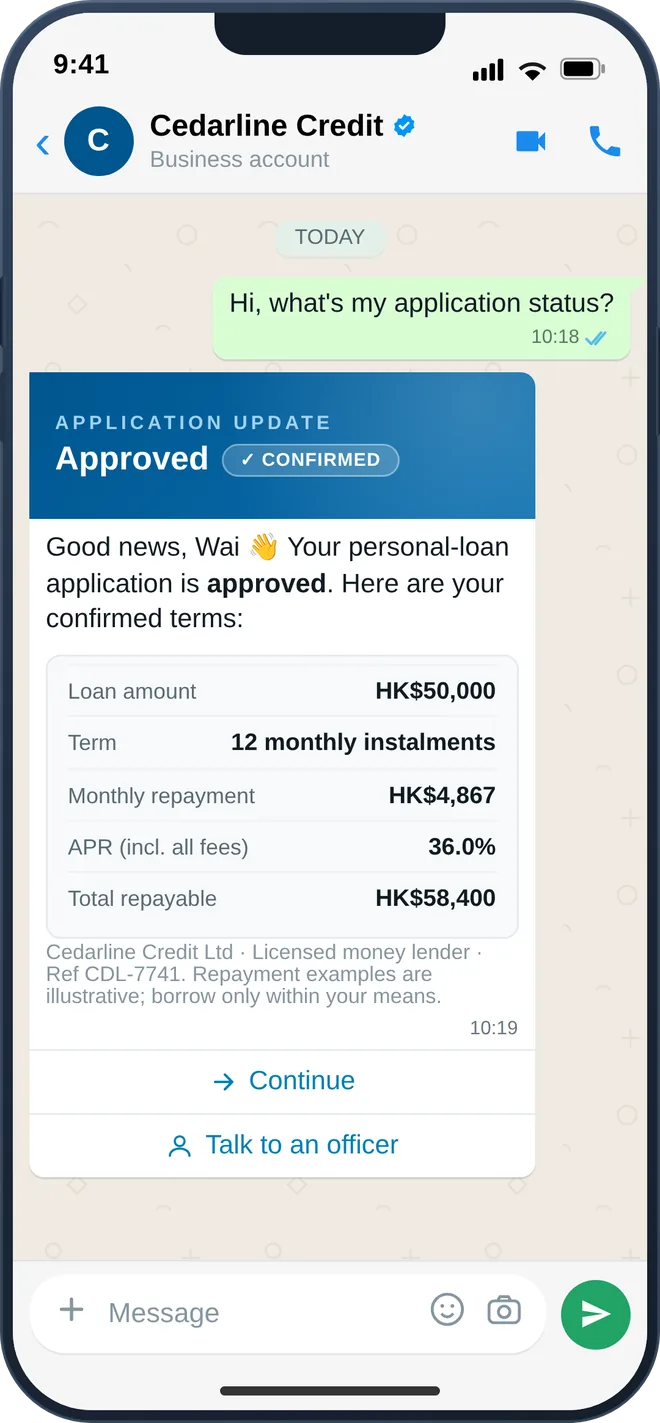 WhatsApp loan application and disbursement confirmation for a licensed lender