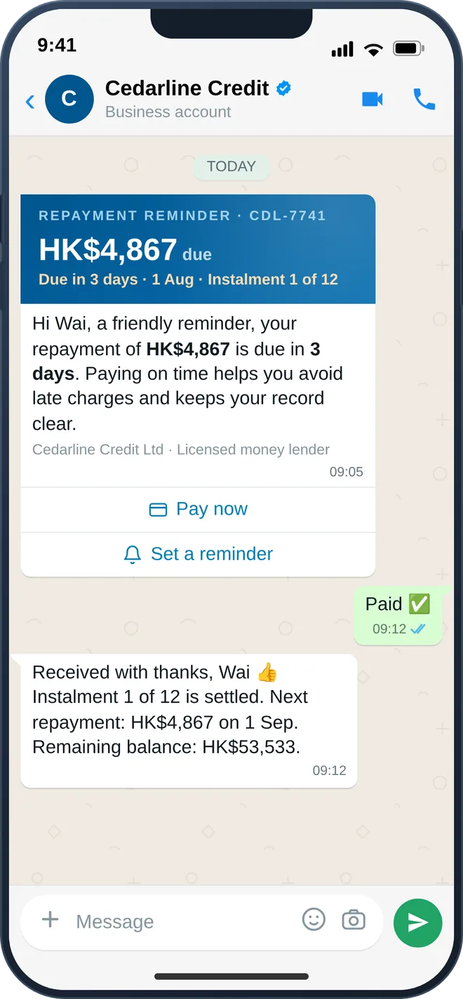 WhatsApp tiered repayment reminder with a one-tap pay link
