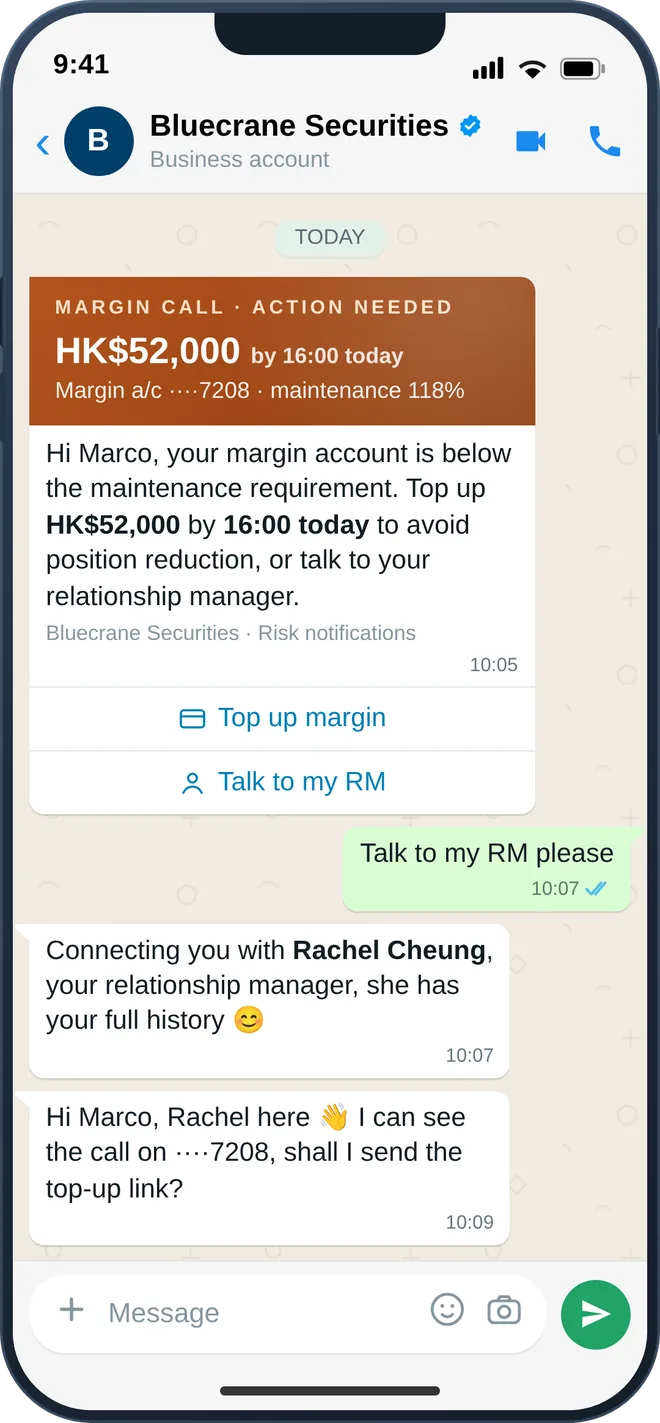 WhatsApp margin-call alert with one-tap escalation to a relationship manager