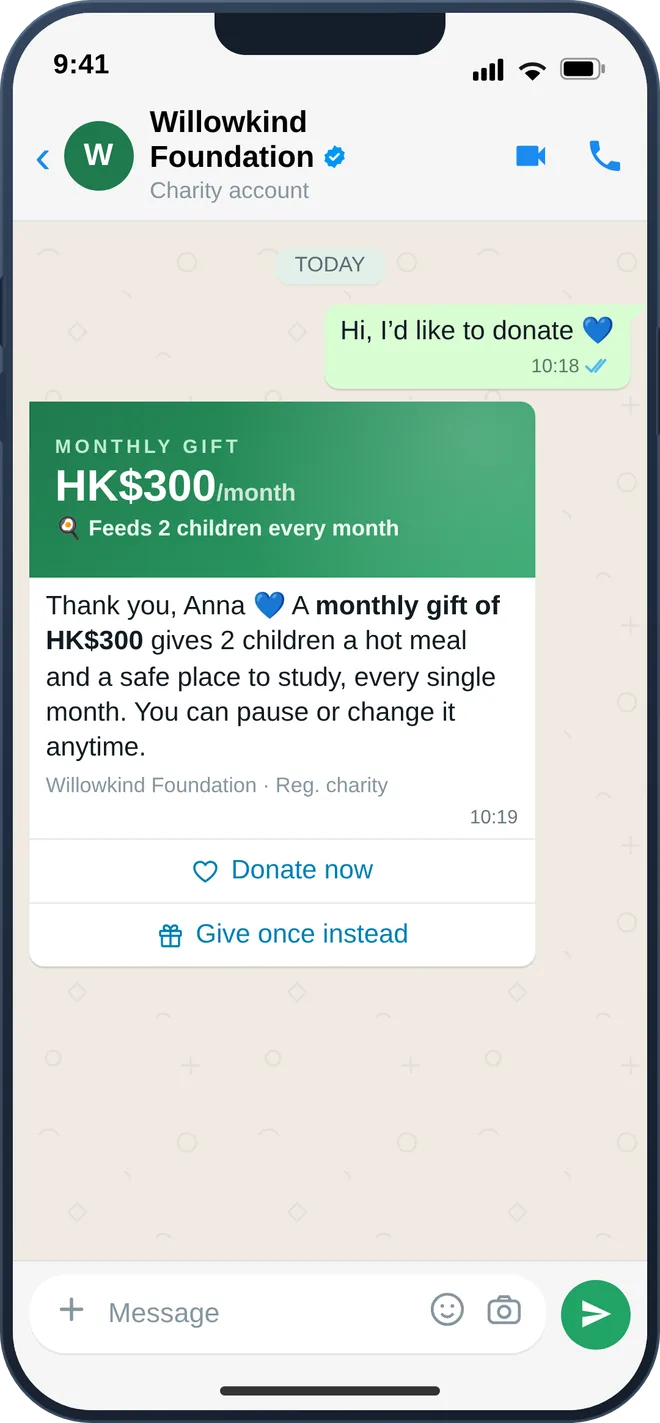 A donor giving on WhatsApp and receiving the tax receipt in the same thread