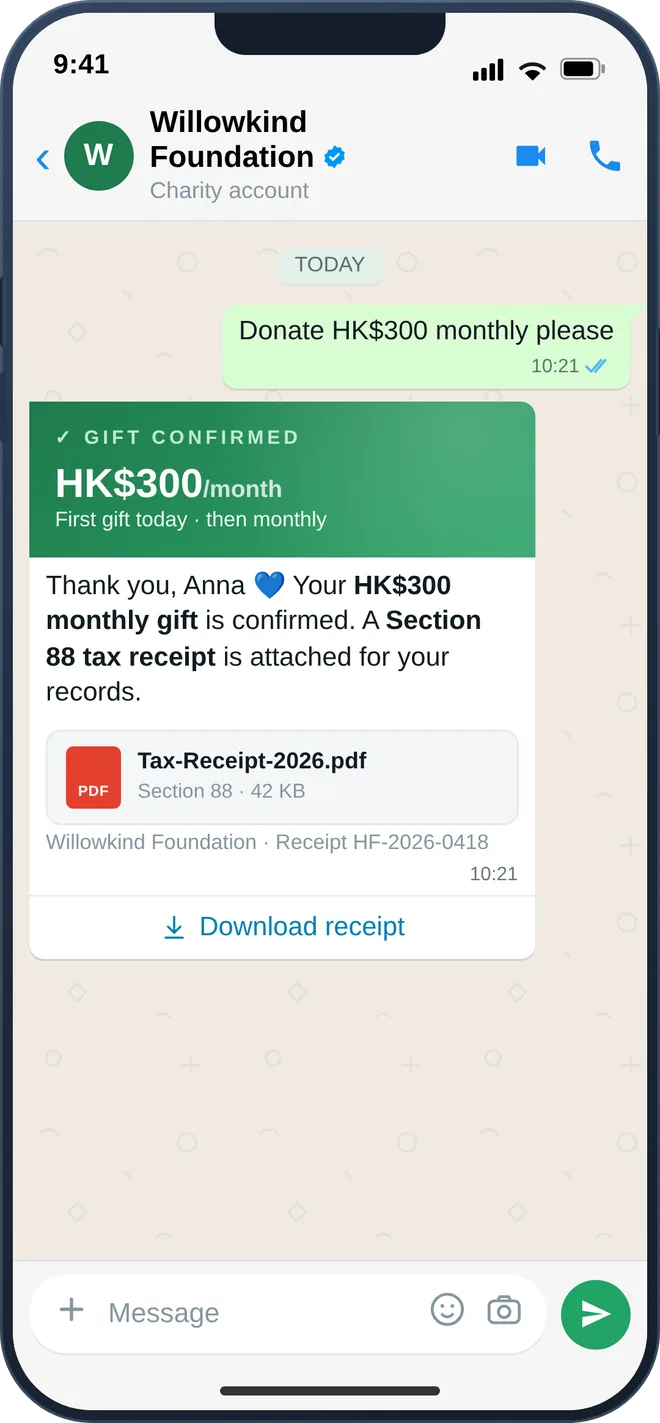 WhatsApp donation confirmation with an instant Section 88 tax receipt PDF in the thread