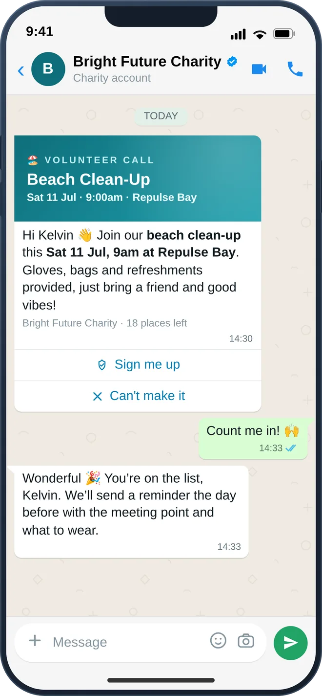 WhatsApp volunteer sign-up for a community event with one-tap confirmation