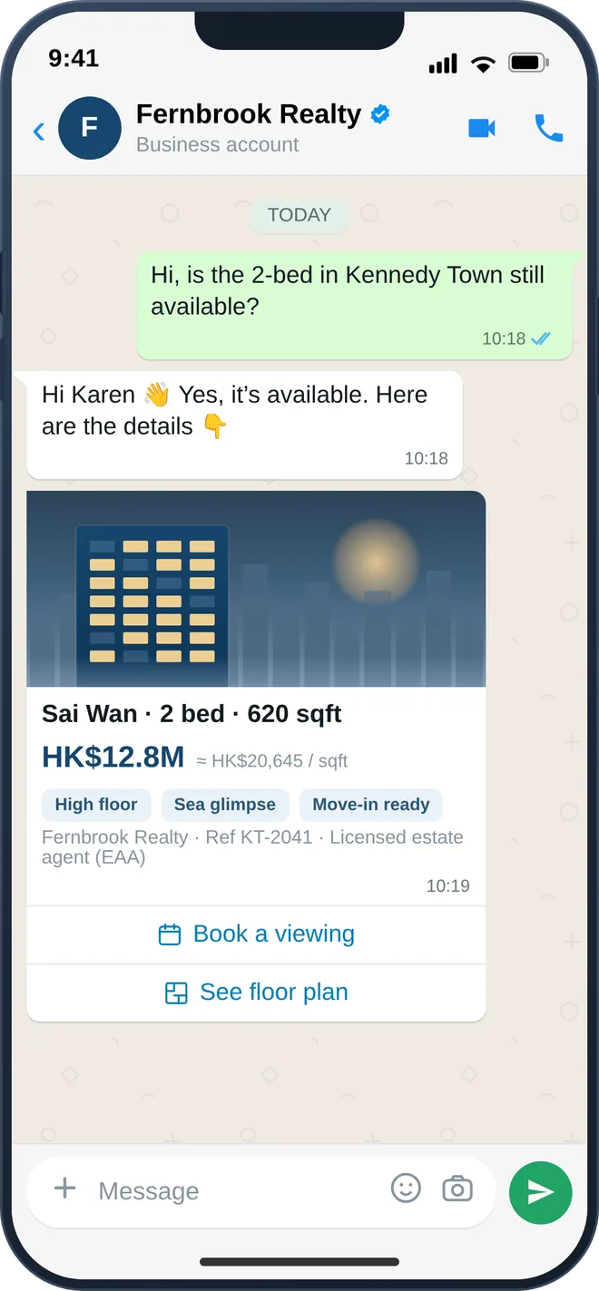 WhatsApp viewing booking with slot picker, location pin and agent contact card