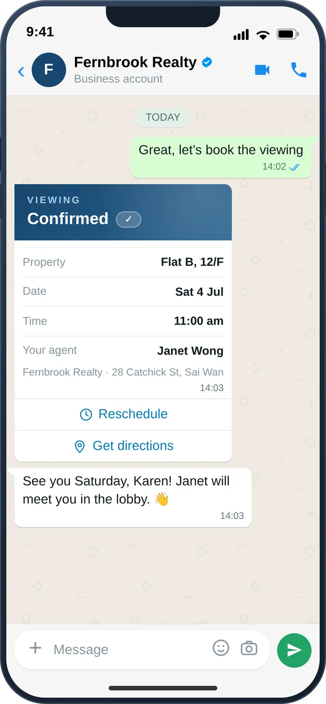A buyer confirming a property viewing on WhatsApp, with the details in the thread