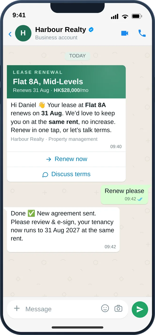 WhatsApp lease-renewal nudge with one-tap renew, chat-with-agent and notice options