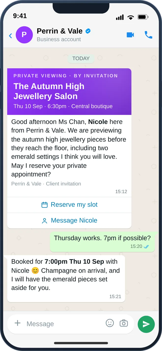 A client receiving a private-preview invitation from their advisor on WhatsApp