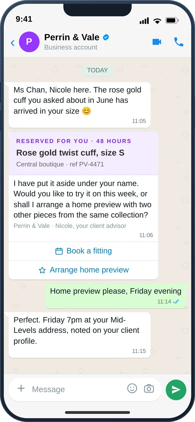 WhatsApp clienteling message reserving a piece for a client with fitting and home-preview options