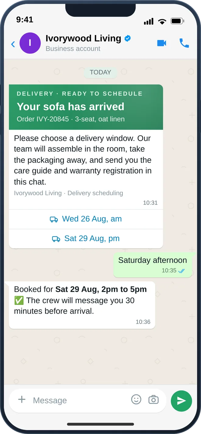 WhatsApp delivery scheduling message with selectable delivery windows for a furniture order