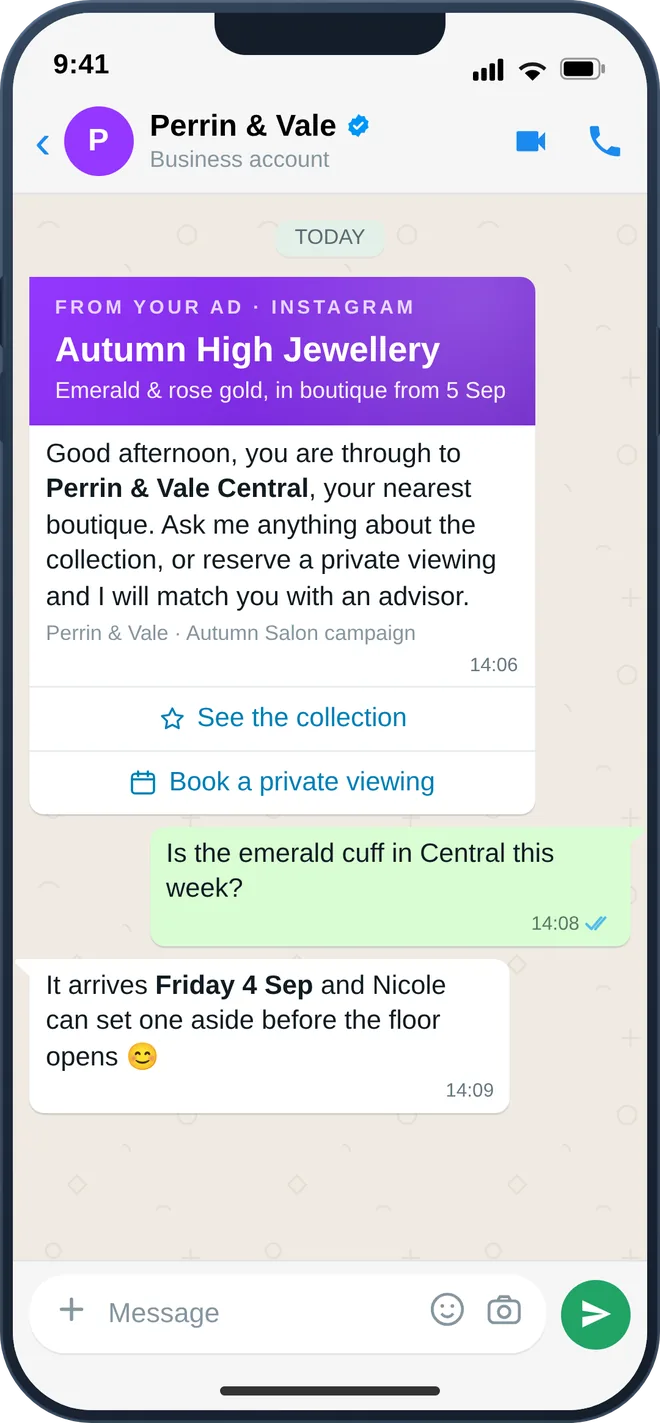 WhatsApp test-drive appointment confirmation with calendar and trade-in photo buttons