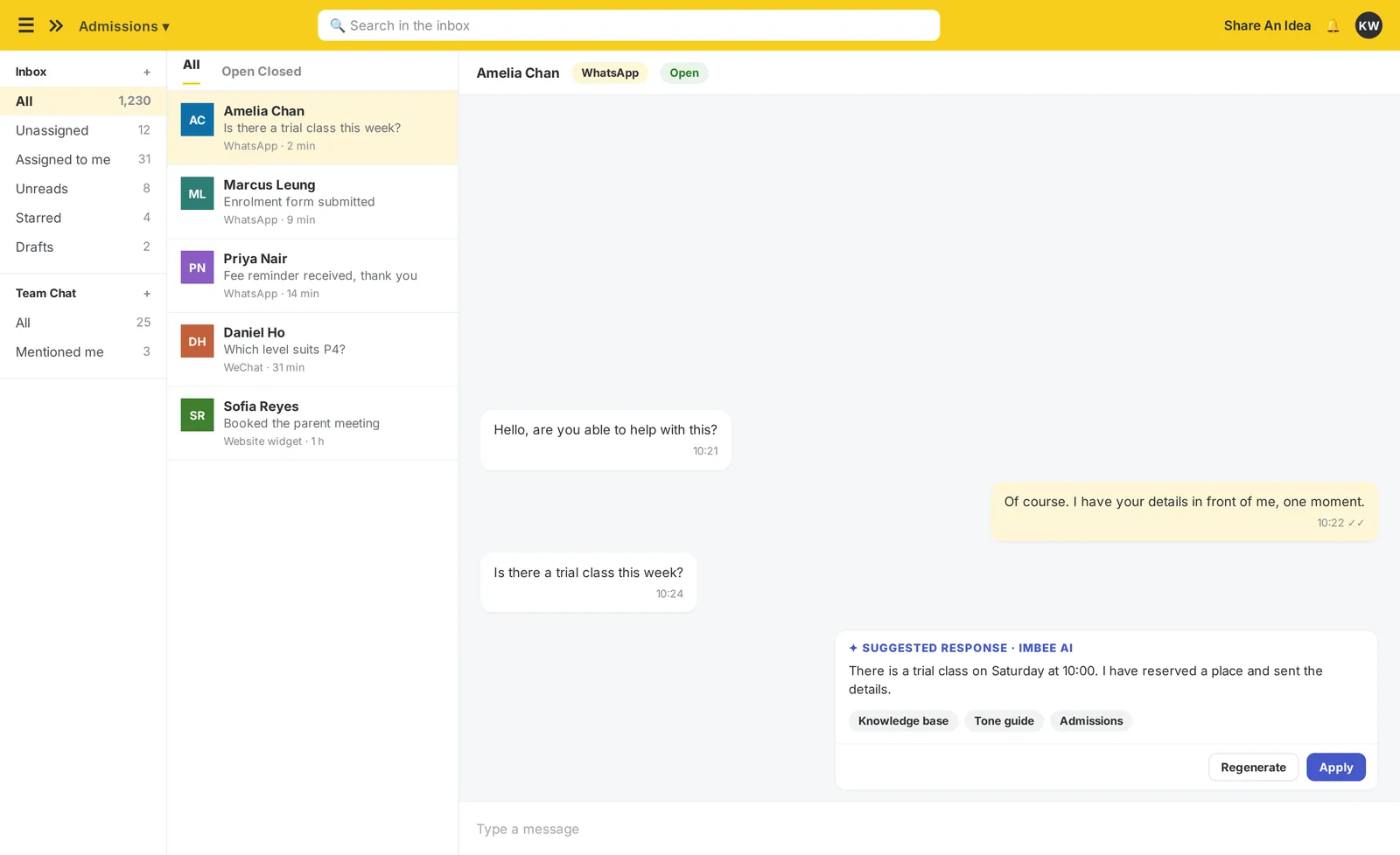 The imBee Team Inbox with imBee AI drafting a reply grounded in the centre’s own knowledge base, before a person sends it