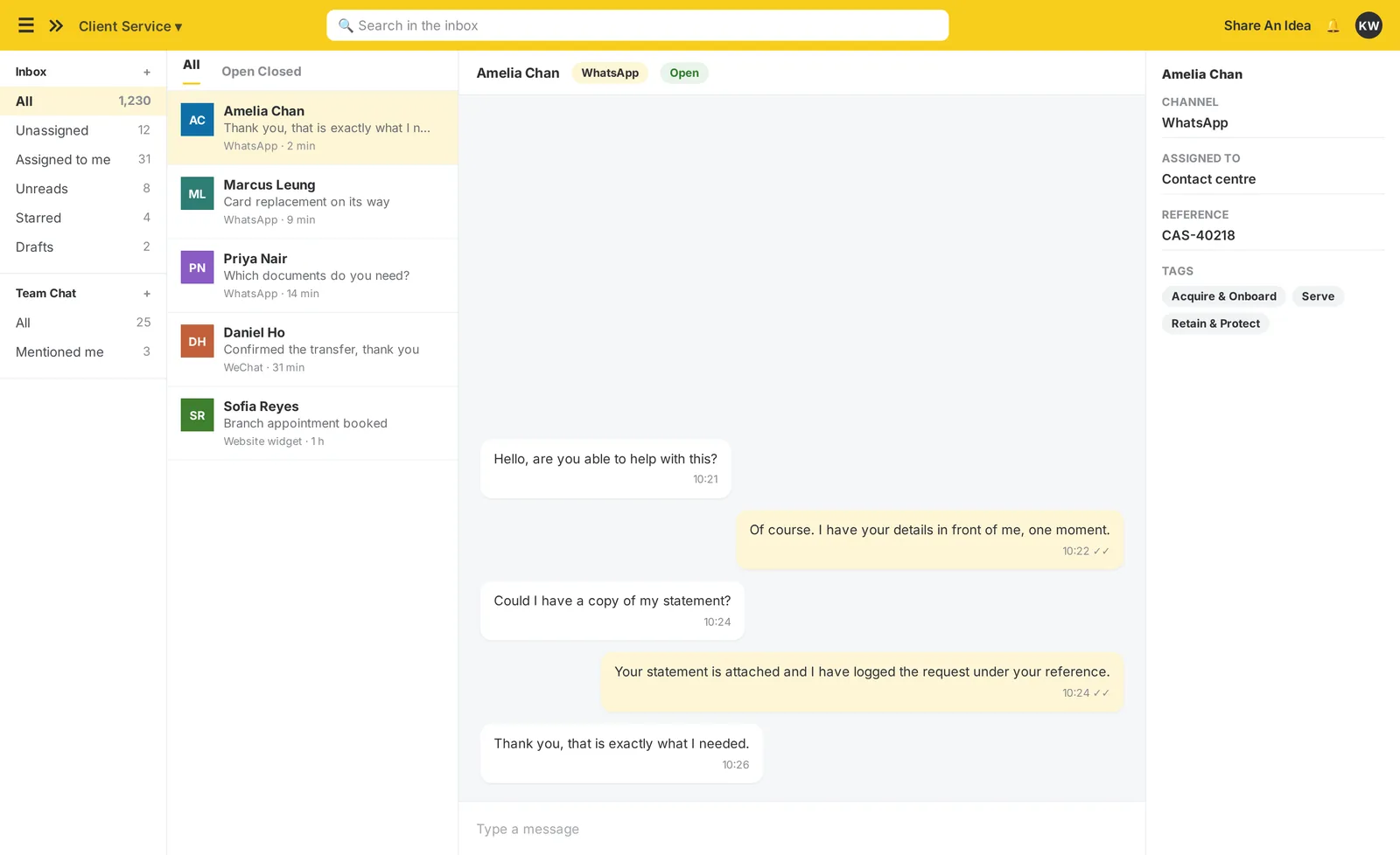 The imBee Team Inbox: every channel in one thread, the customer’s profile and history beside the conversation, and assignment and tagging without leaving it