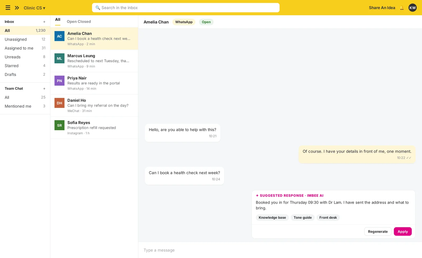 The imBee Team Inbox with imBee AI drafting a reply grounded in the clinic’s own knowledge base, before a person sends it