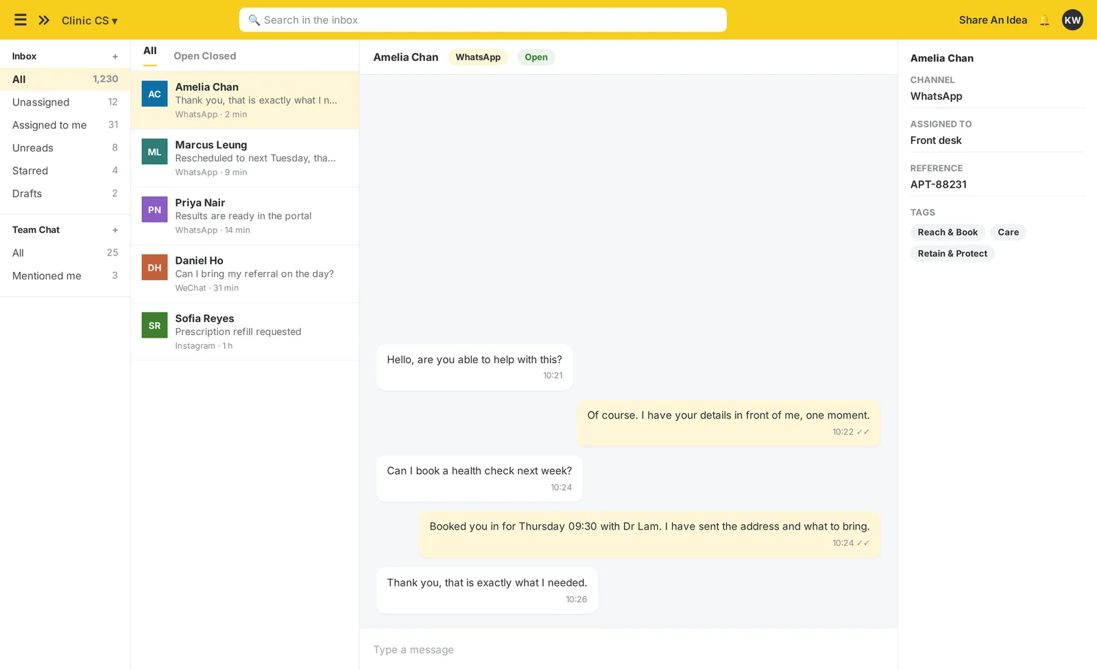 The imBee Team Inbox: every channel in one thread, the customer’s profile and history beside the conversation, and assignment and tagging without leaving it
