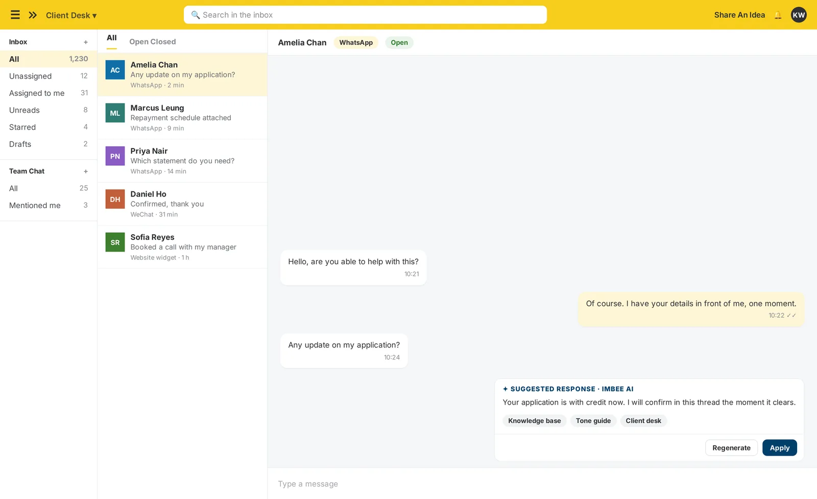 The imBee Team Inbox with imBee AI drafting a reply grounded in the branch’s own knowledge base, before a person sends it