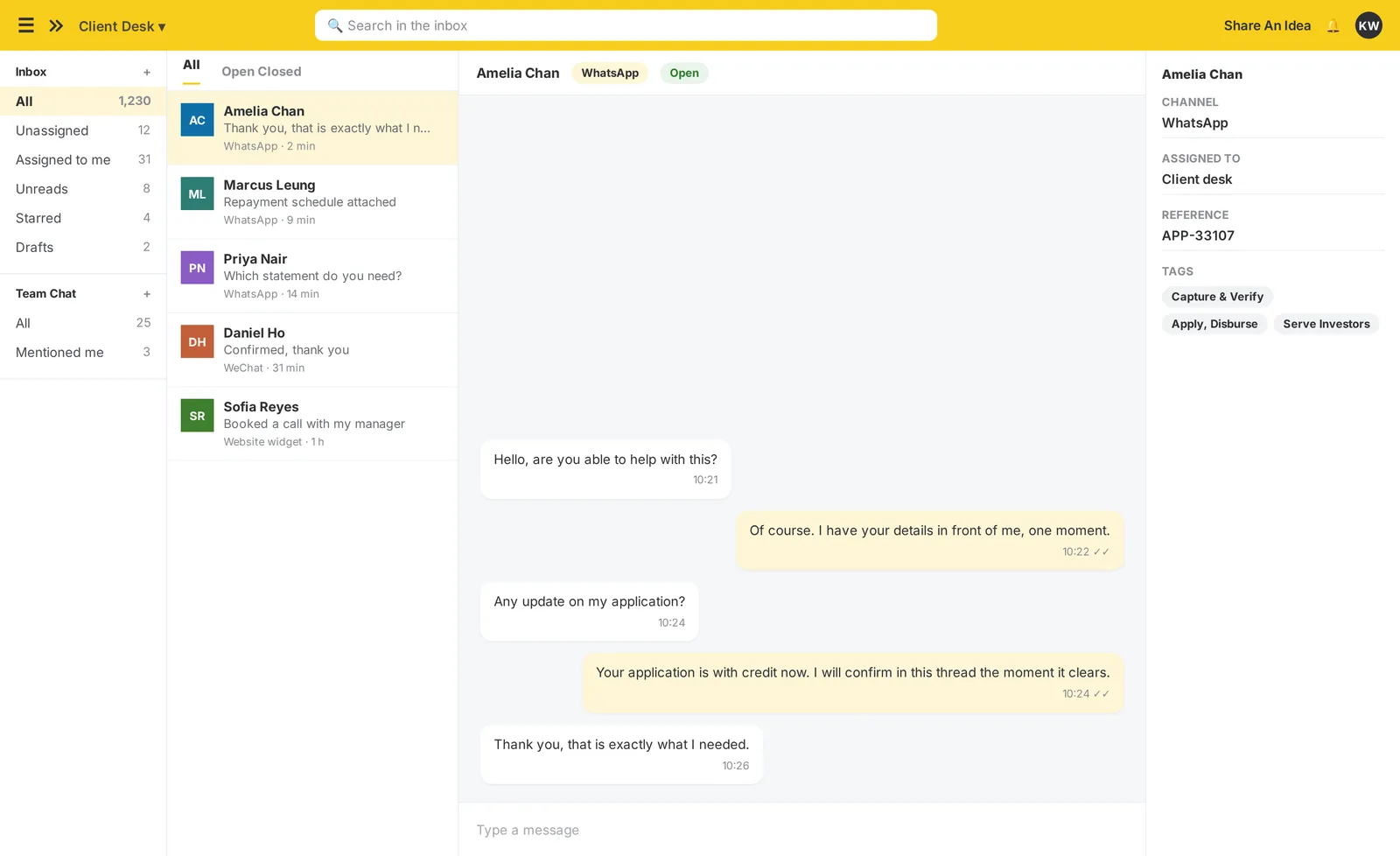The imBee Team Inbox: every channel in one thread, the customer’s profile and history beside the conversation, and assignment and tagging without leaving it