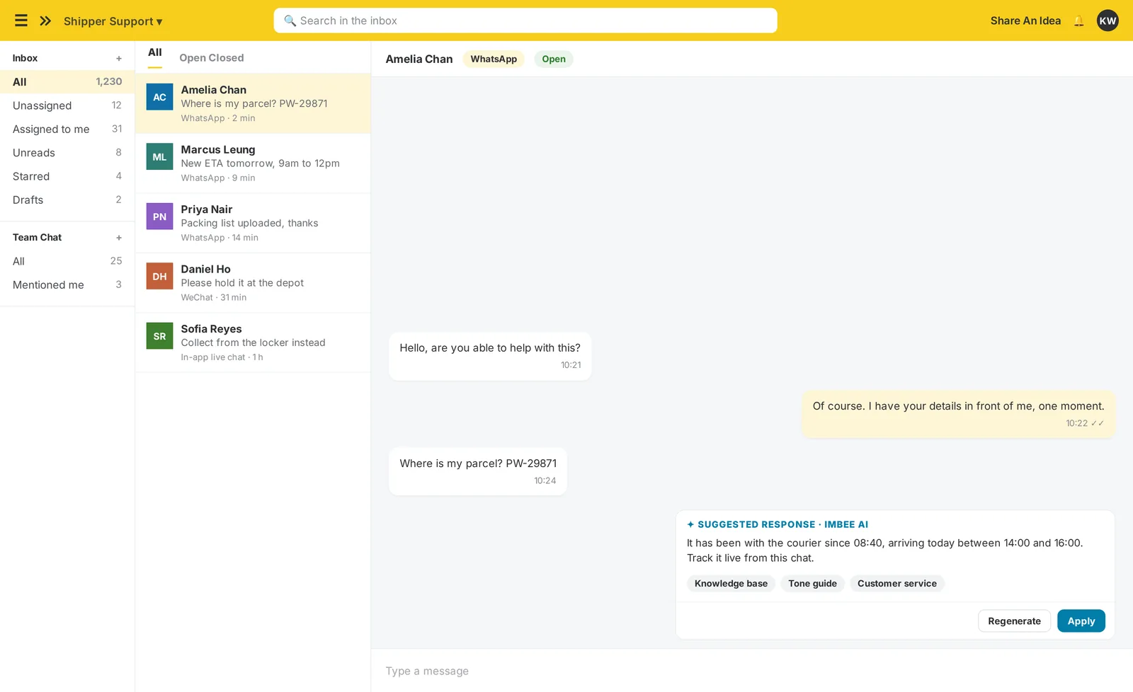 The imBee Team Inbox with imBee AI drafting a reply grounded in the desk’s own knowledge base, before a person sends it
