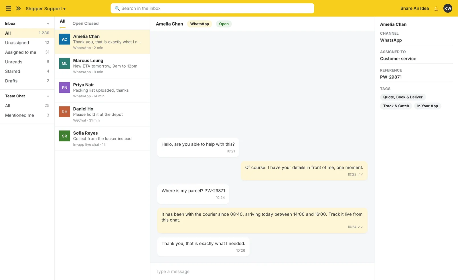 The imBee Team Inbox: every channel in one thread, the customer’s profile and history beside the conversation, and assignment and tagging without leaving it