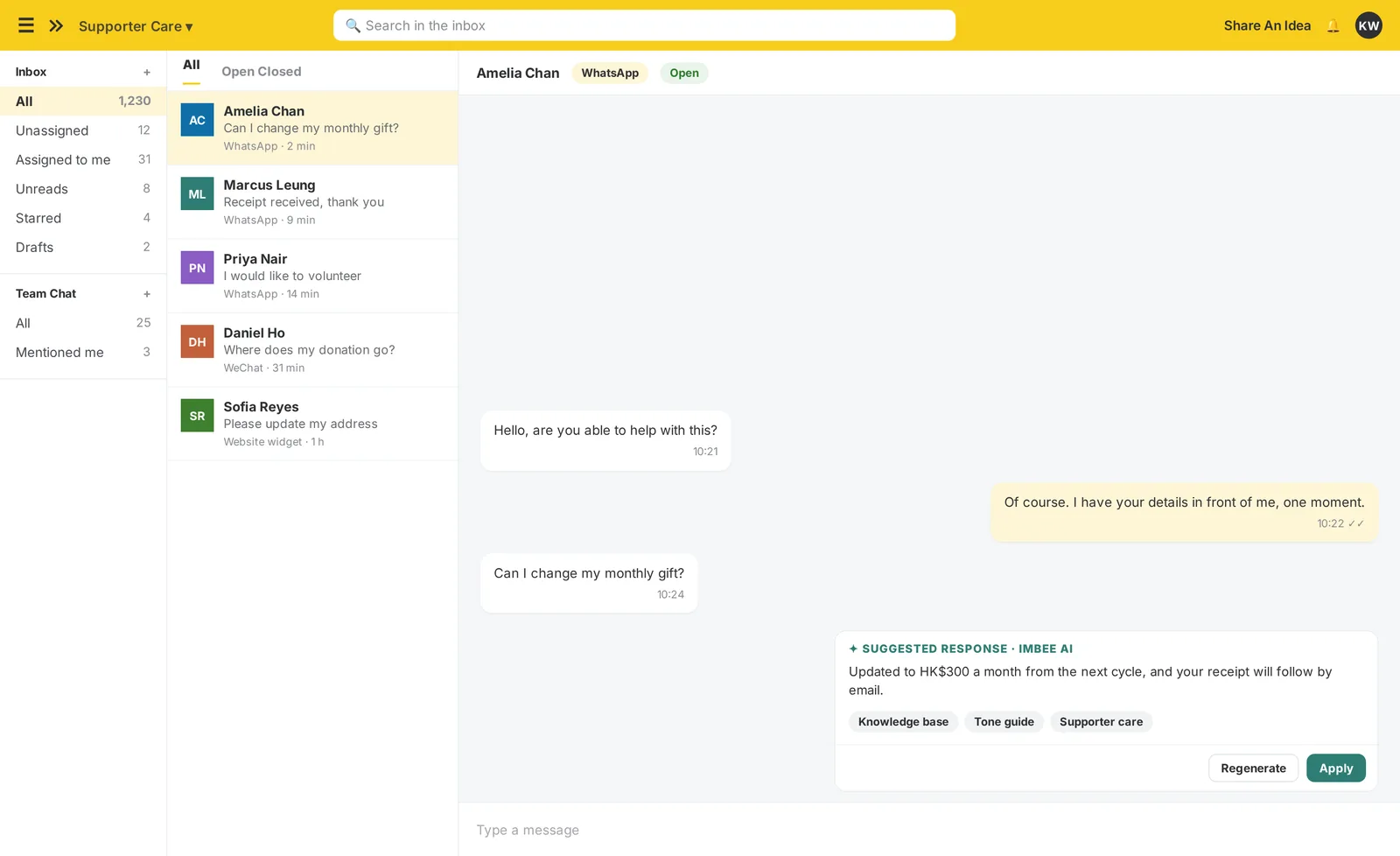 The imBee Team Inbox with imBee AI drafting a reply grounded in the team’s own knowledge base, before a person sends it
