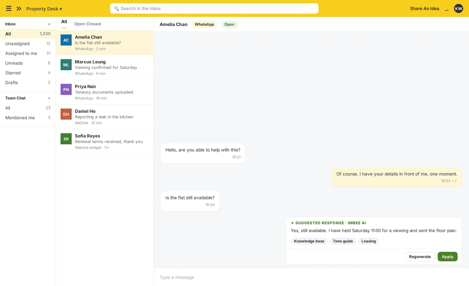 The imBee Team Inbox with imBee AI drafting a reply grounded in the branch’s own knowledge base, before a person sends it