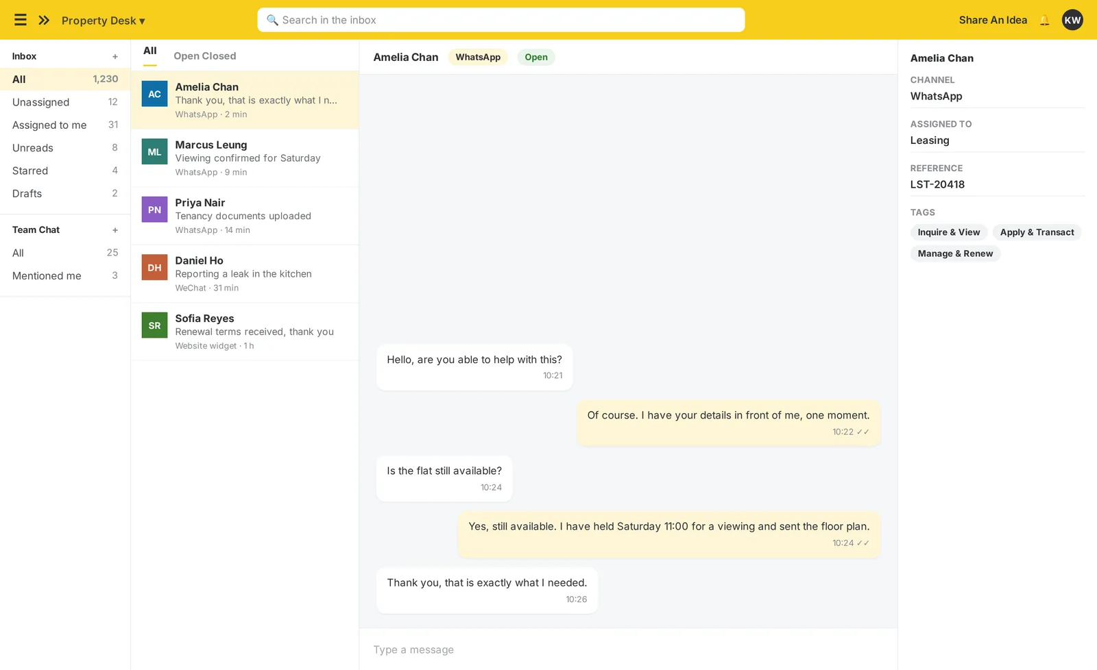 The imBee Team Inbox: every channel in one thread, the customer’s profile and history beside the conversation, and assignment and tagging without leaving it