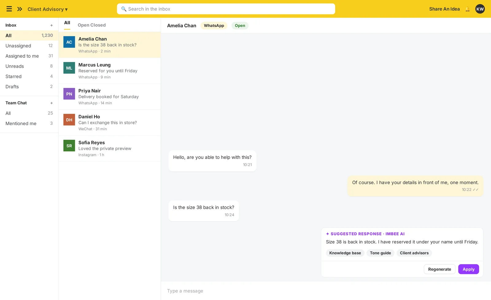 The imBee Team Inbox with imBee AI drafting a reply grounded in the store’s own knowledge base, before a person sends it