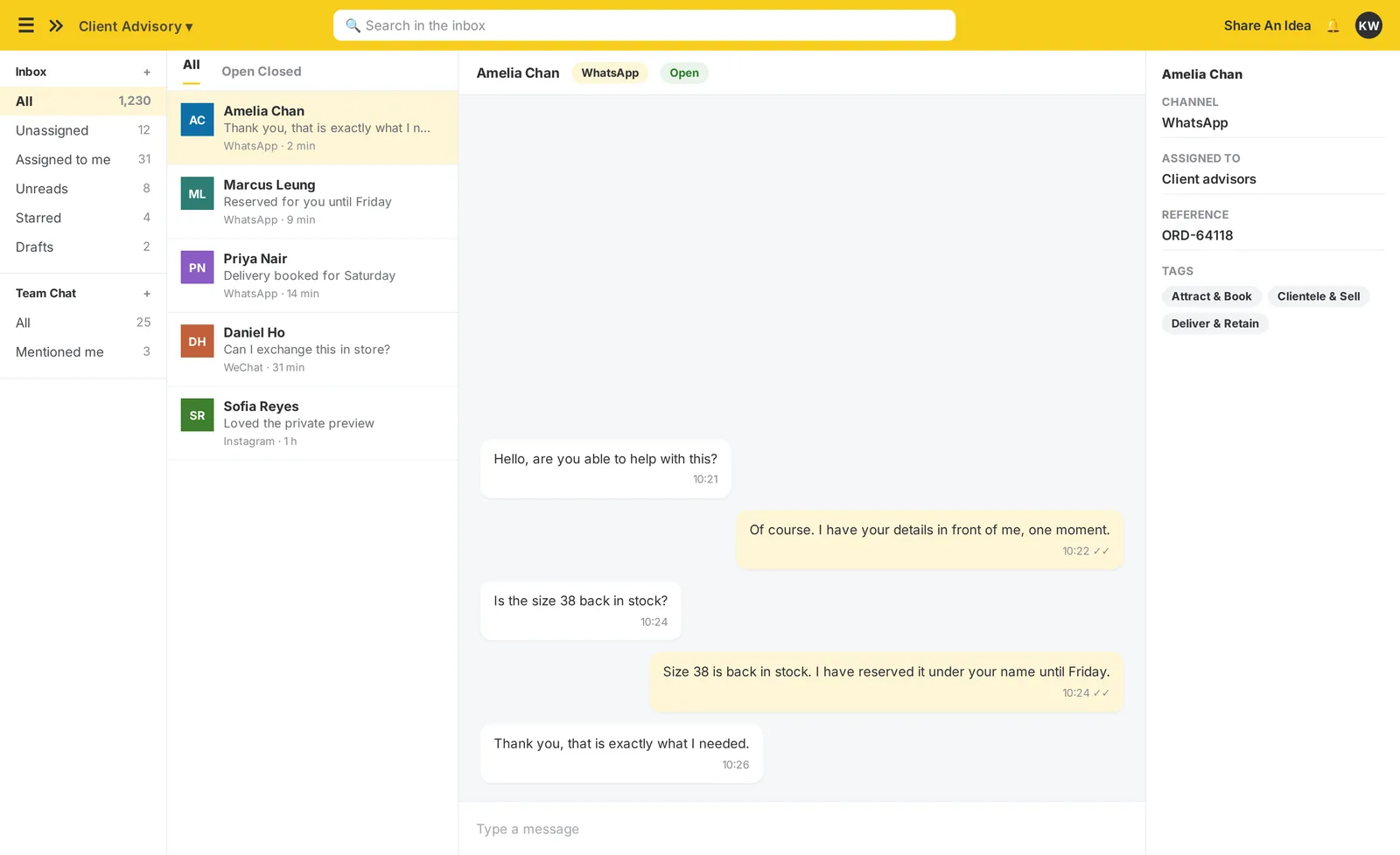 The imBee Team Inbox: every channel in one thread, the customer’s profile and history beside the conversation, and assignment and tagging without leaving it