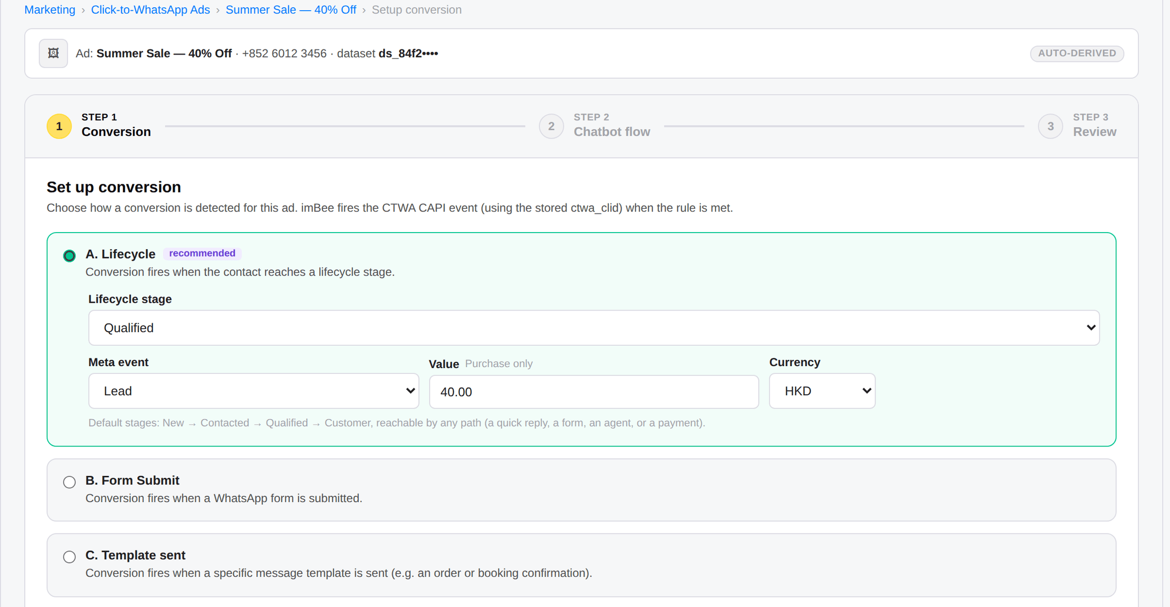 Click-to-WhatsApp Ads setup in imBee, step 1 of 3: choosing the lifecycle stage that counts as a conversion and the Meta event it fires