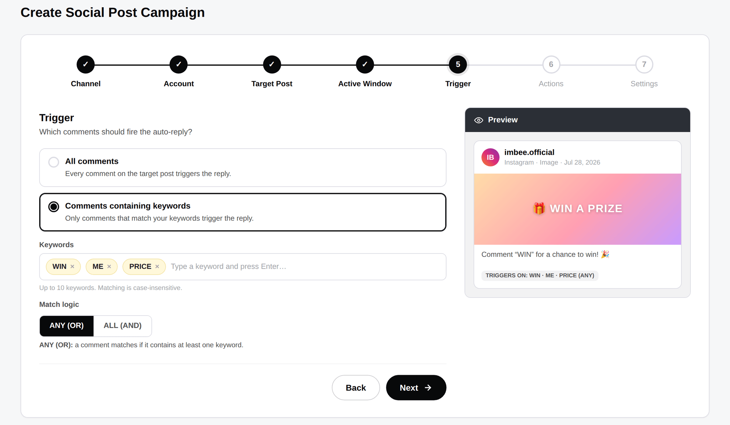 Social Post Campaign setup in imBee, the trigger step: all comments or comments containing keywords, with a live preview of the Instagram post