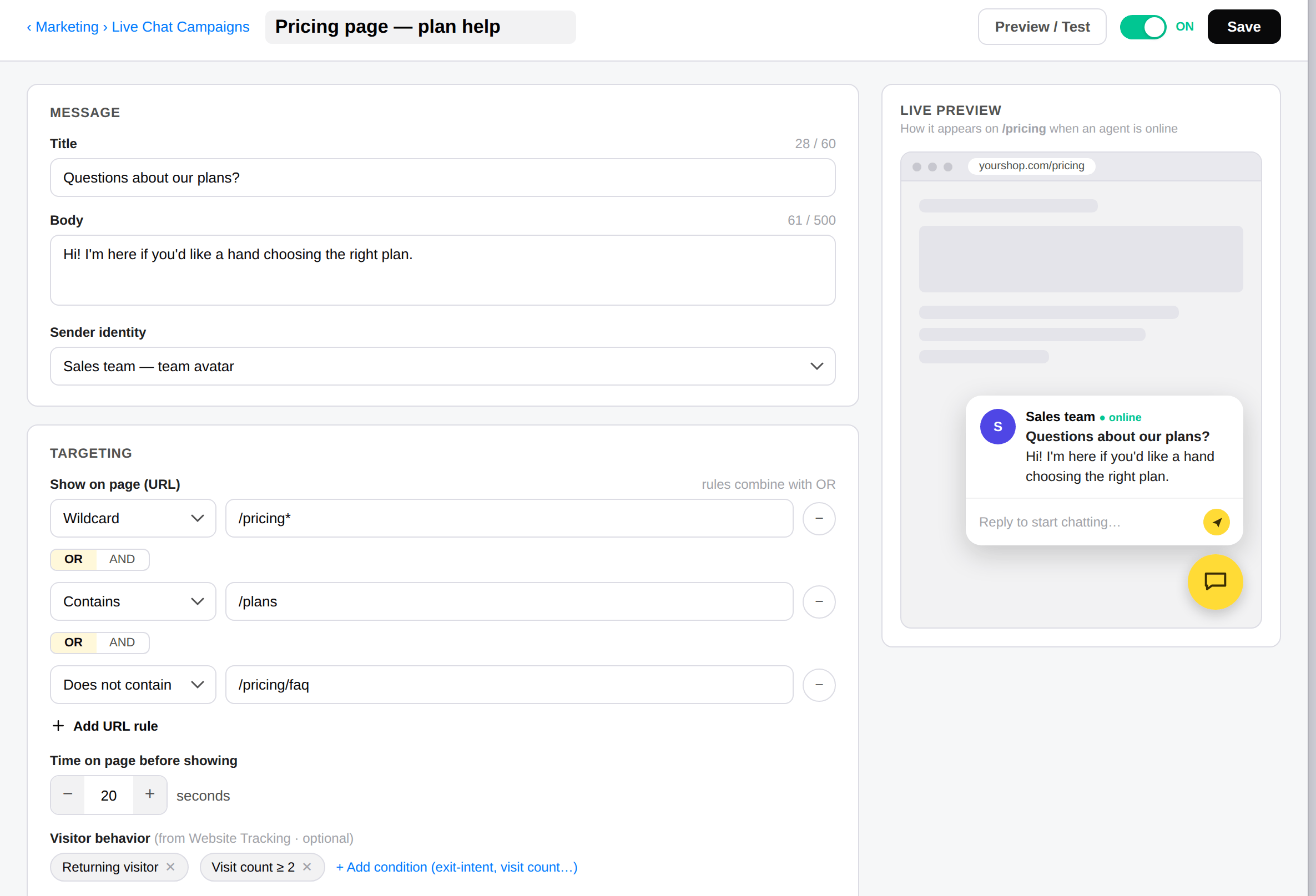 Live Chat Campaigns builder in imBee: message, URL targeting rules, time on page and visitor conditions, with a live preview of the greeting on the pricing page