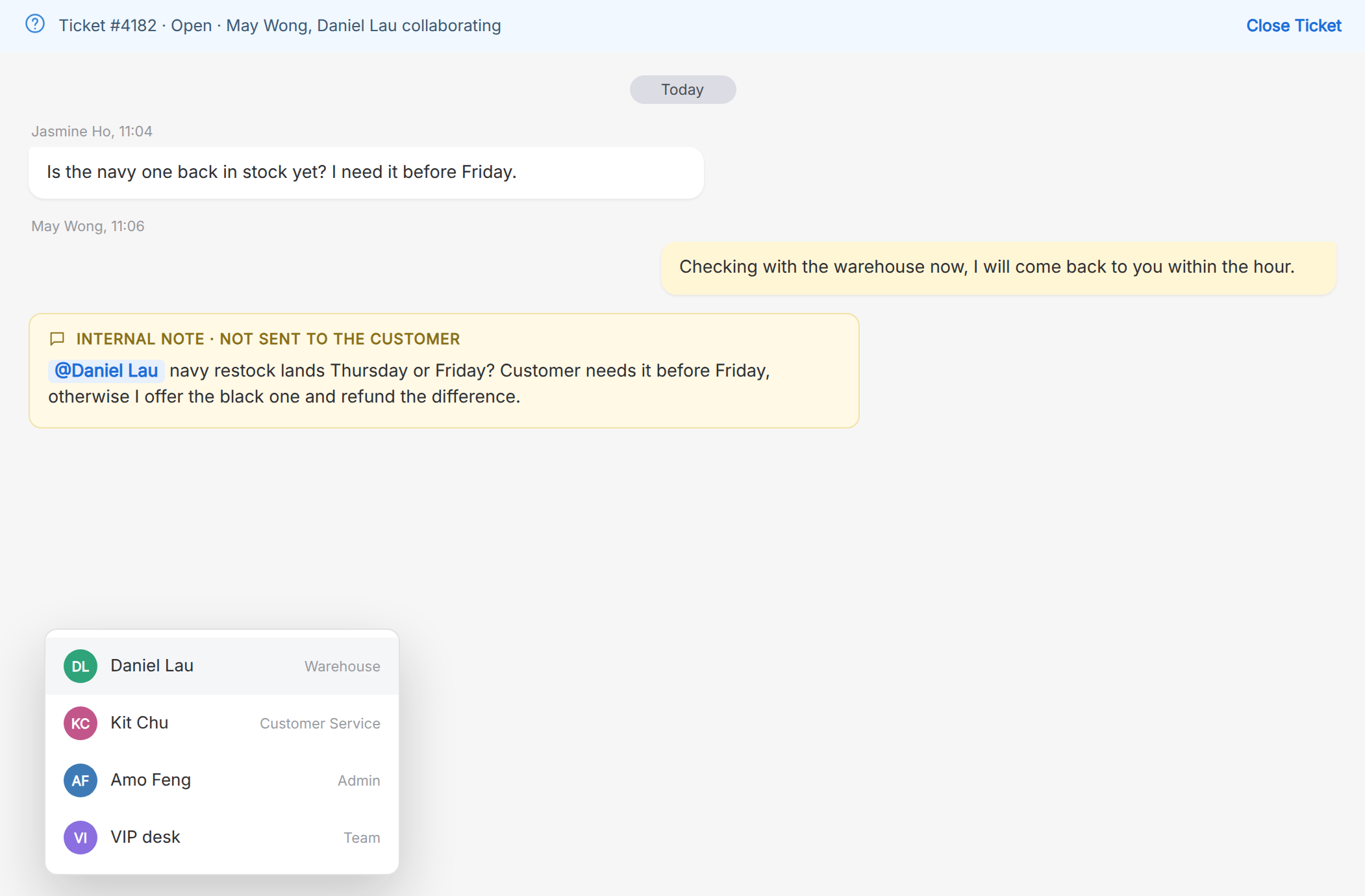 An internal note with an @mention inside an imBee conversation, marked as not sent to the customer