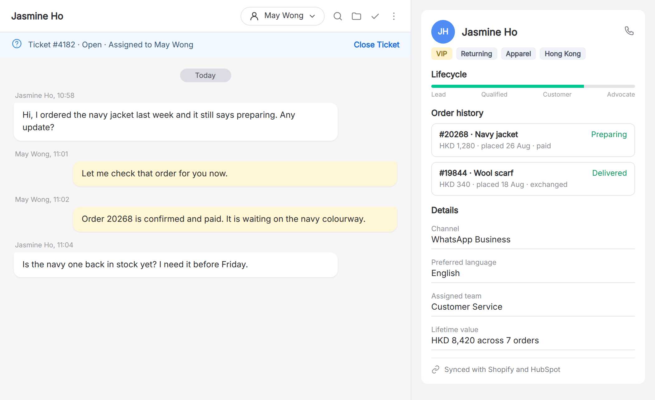 The imBee contact record beside a conversation, showing lifecycle, tags, order history and synced CRM fields