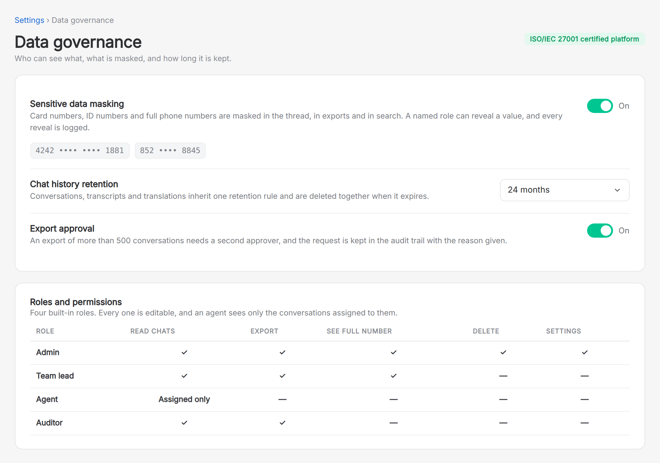 imBee data governance settings: sensitive data masking, chat history retention, export approval and a roles and permissions matrix