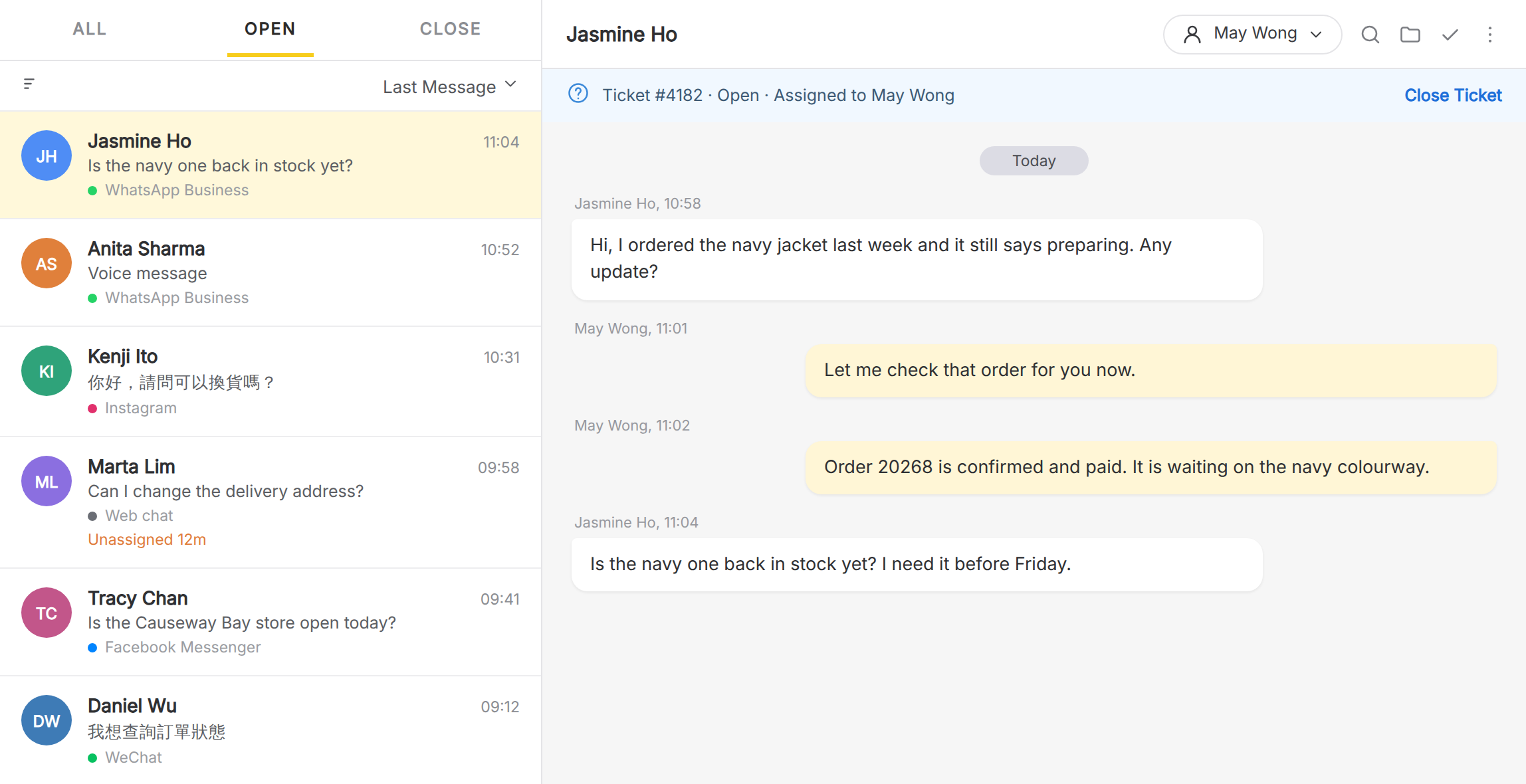 The imBee omnichannel inbox with WhatsApp, Instagram, Messenger, WeChat, LINE and web chat conversations in one list