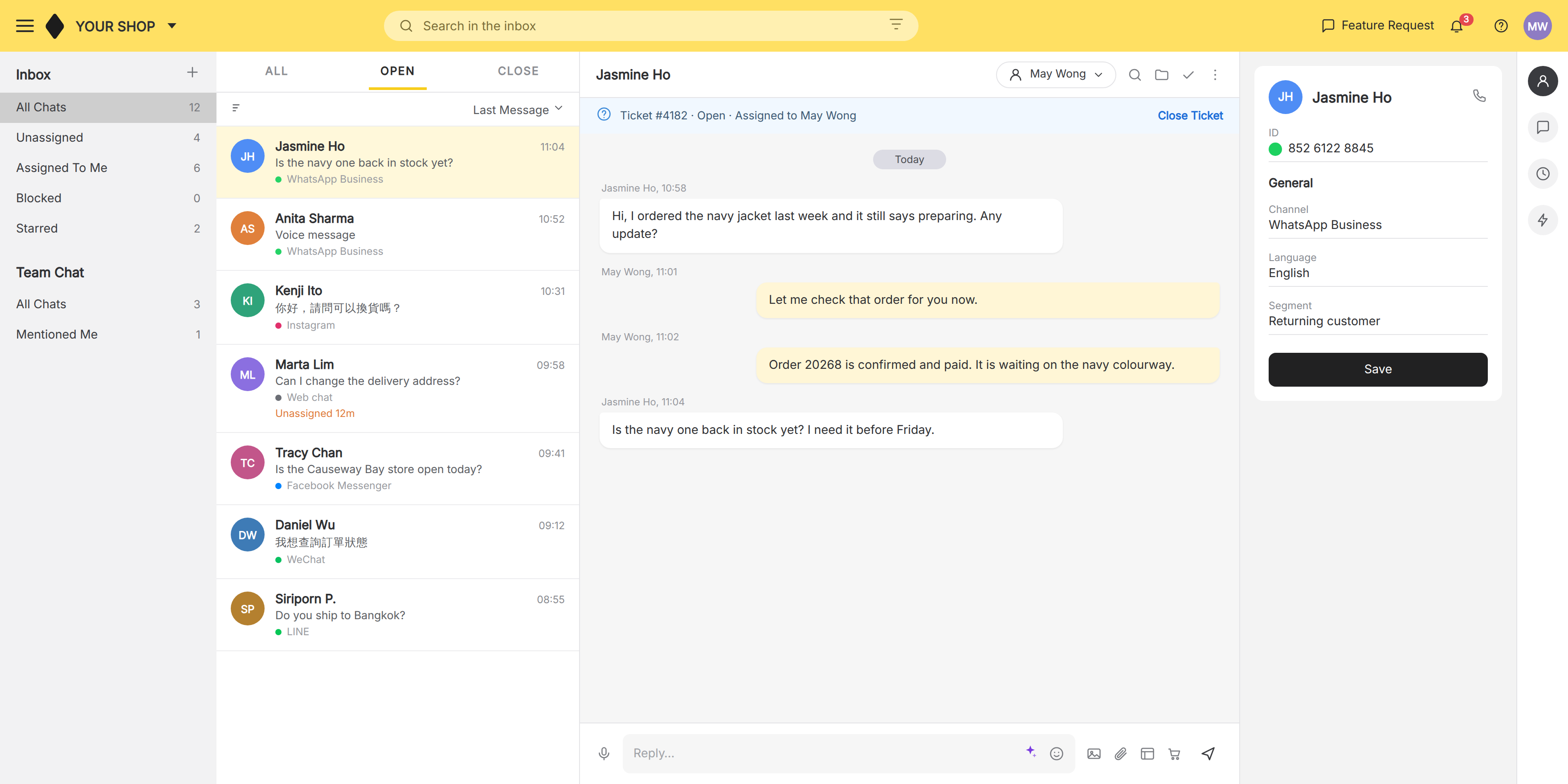 The imBee omnichannel inbox: WhatsApp, Instagram, Messenger, WeChat, LINE and web chat
conversations in one list, with a thread and the customer record open