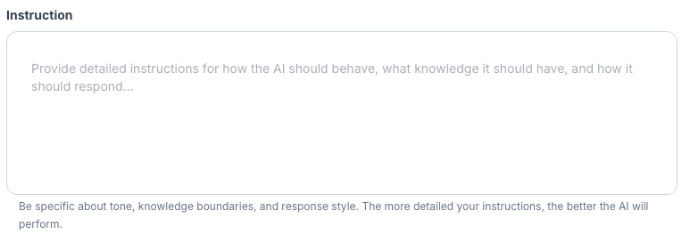 Instruction field describing the agent’s tone, knowledge boundaries and response style.