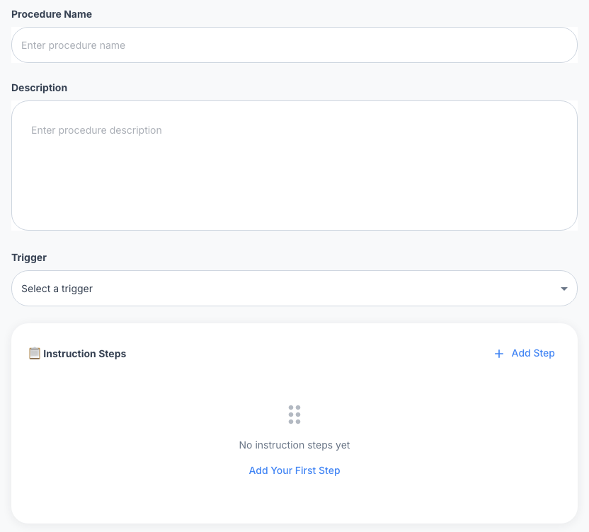 Procedure editor with fields for a name, description, trigger and instruction steps.