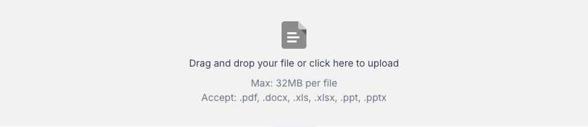 Document upload area listing PDF, Word, Excel and PowerPoint file formats.