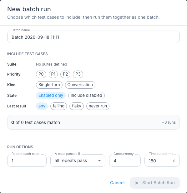 New batch run configuration form with test filters and run options. This capture shows zero matching cases.