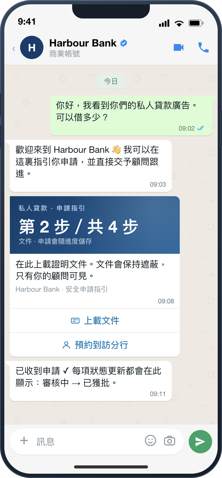 客戶對話示例：申請指引（金融服務）。