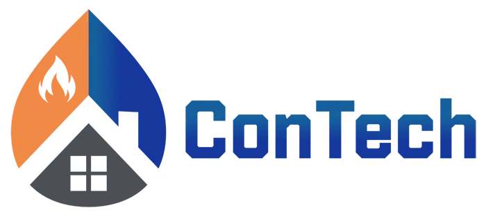 Contech-logo, jossa sininen, oranssi ja harmaa graafinen symboli ja nimi.