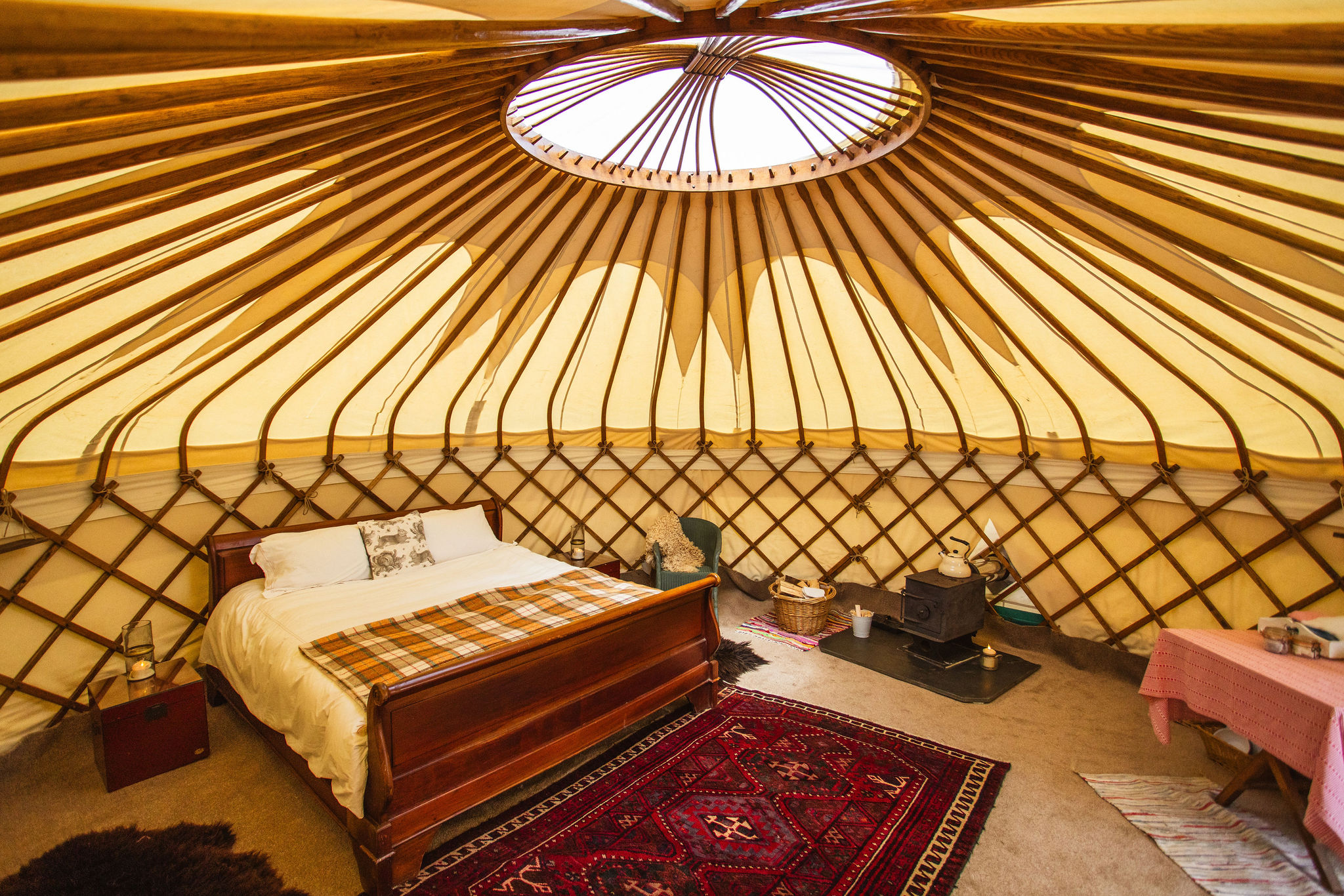 Inside Great Links yurt at Borough Farm, Devon