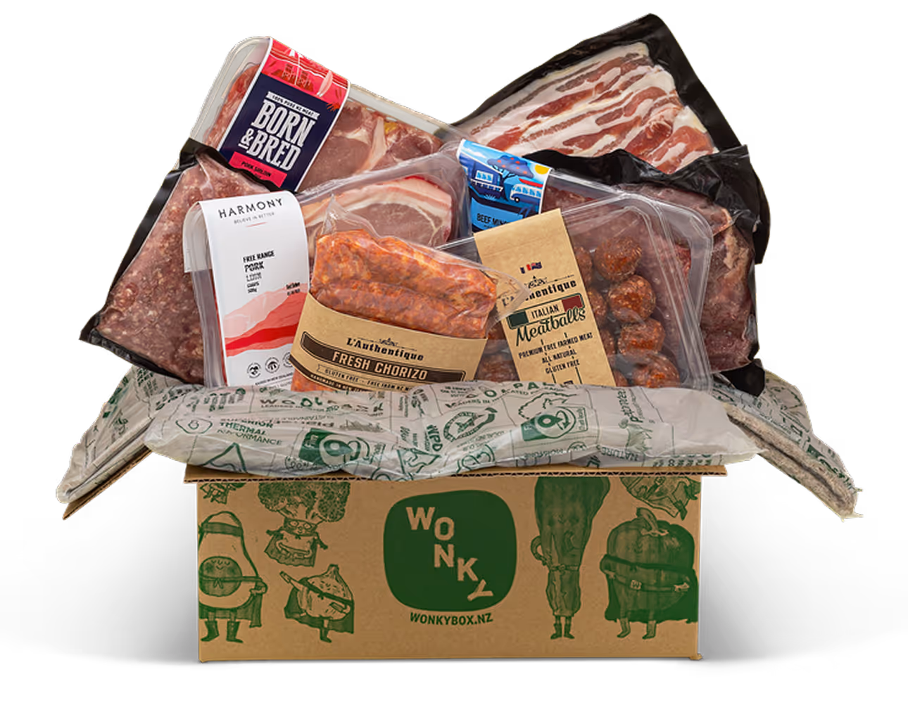 A Wonky Box filled with assorted packaged meats including bacon, chorizo, meatballs, free-range pork, and other premium cuts. The box is branded with green Wonky Box illustrations and logo, and lined with eco-friendly insulation.