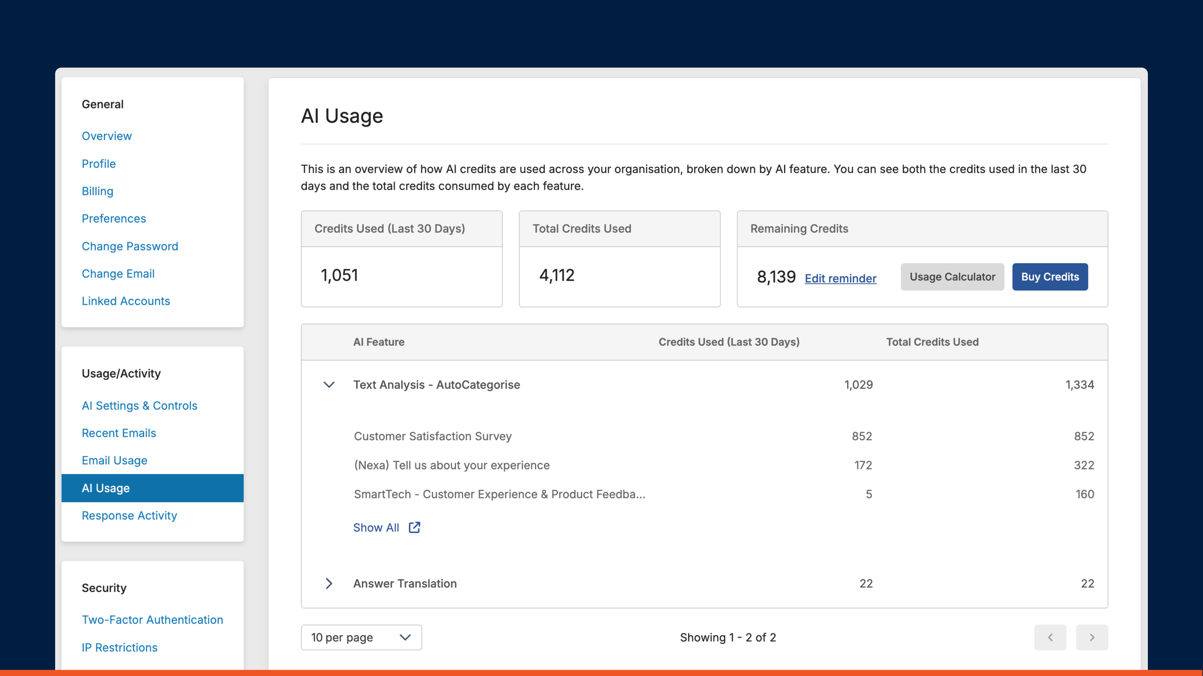 Image showing the AI credit usage page