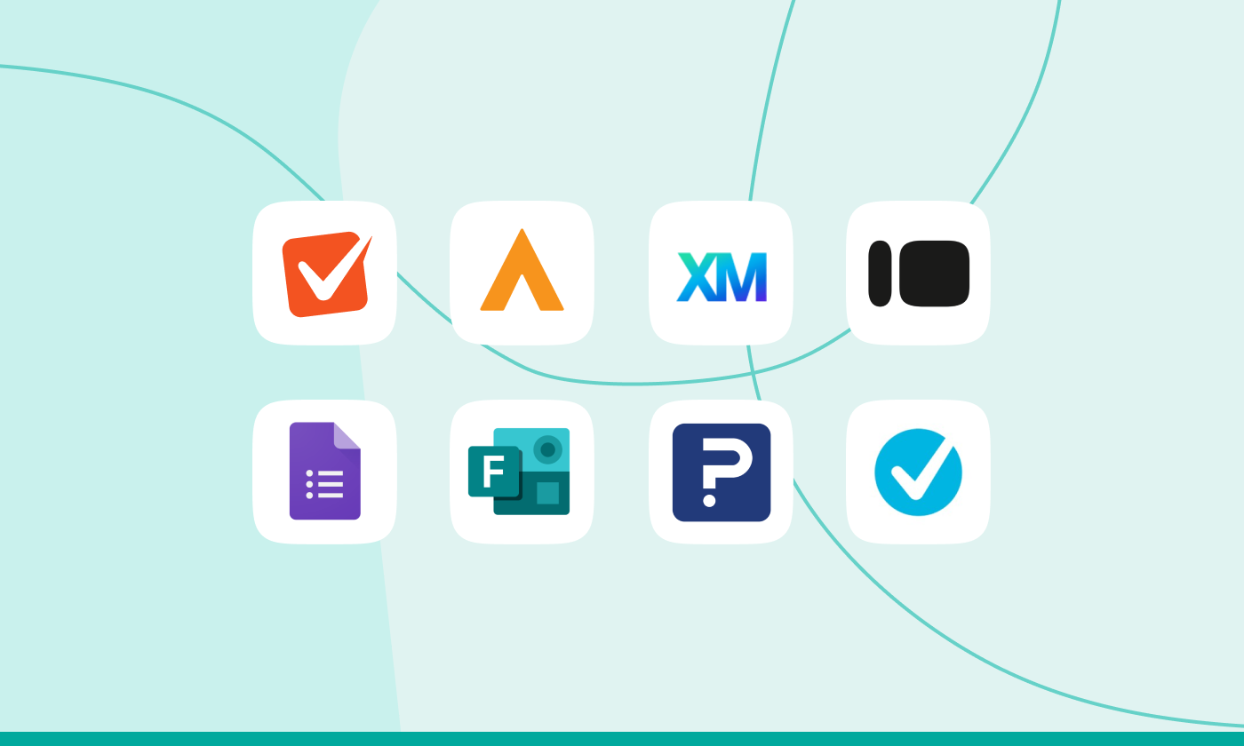 Eight survey software app icons on a cream background representing alternatives to SurveyMonkey, including Alchemer, Qualtrics, Google Forms, Microsoft Forms and QuestionPro