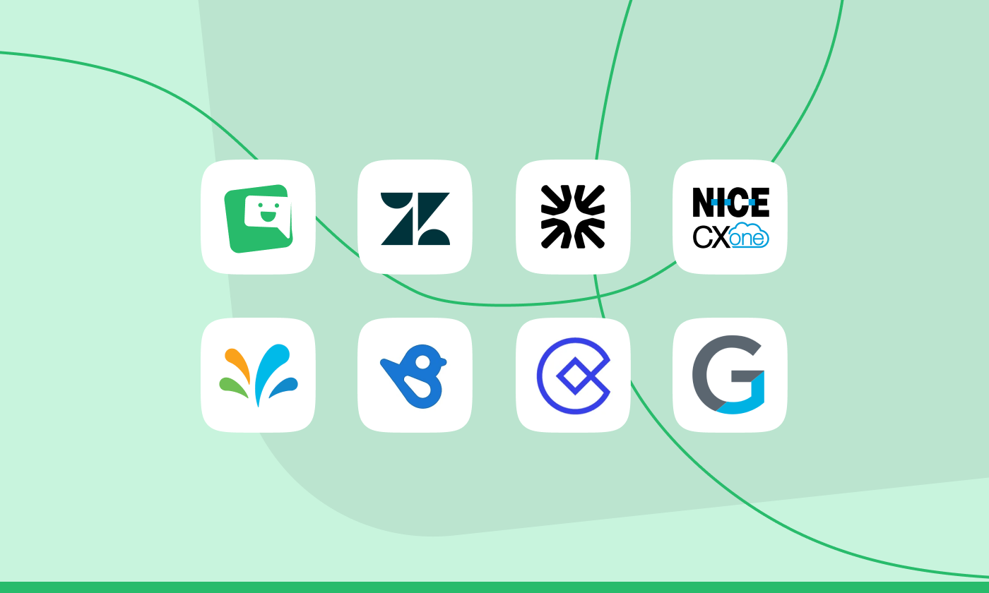 Graphic containing logos of the best Customer Experience Management softwares: SmartCX by SmartSurvey, Zendesk, Fin by Intercom, NICE CXone, Birdeye, Sprinklr, Contentsquare, Gainsight