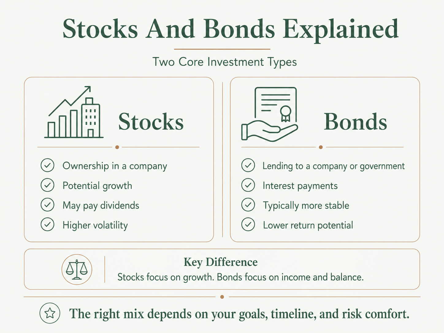 Infographic comparing stocks and bonds, explaining that stocks represent company ownership with potential growth, dividends, and higher volatility, while bonds involve lending money for interest payments with more stability and lower return potential.
