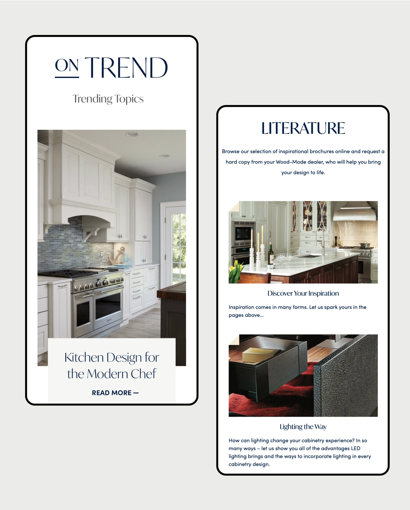 Website page designs displaying on mobile