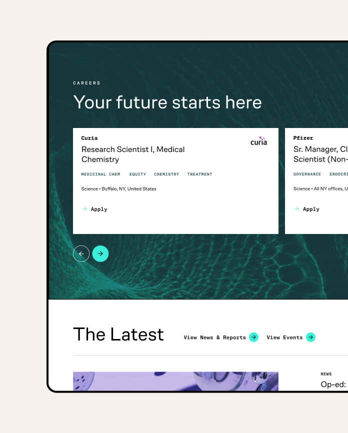 Website section titled 'Your future starts here' showing job listings for Research Scientist I, Medical Chemistry at Curia with location Buffalo, NY, and navigation arrows.