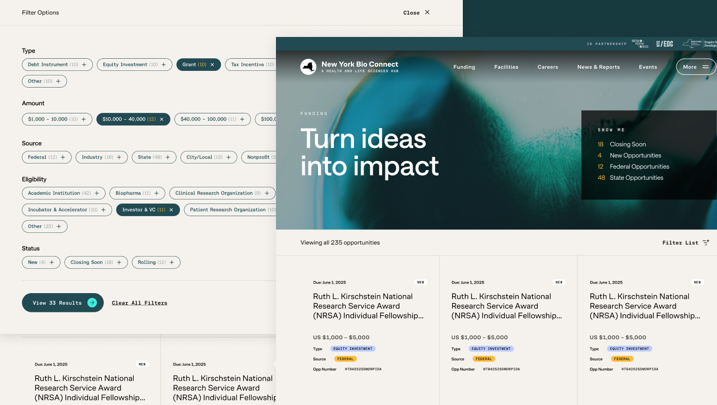 New York Bio Connect funding page showing filter options for grant types, amounts, sources, eligibility, status, and a list of research award opportunities.