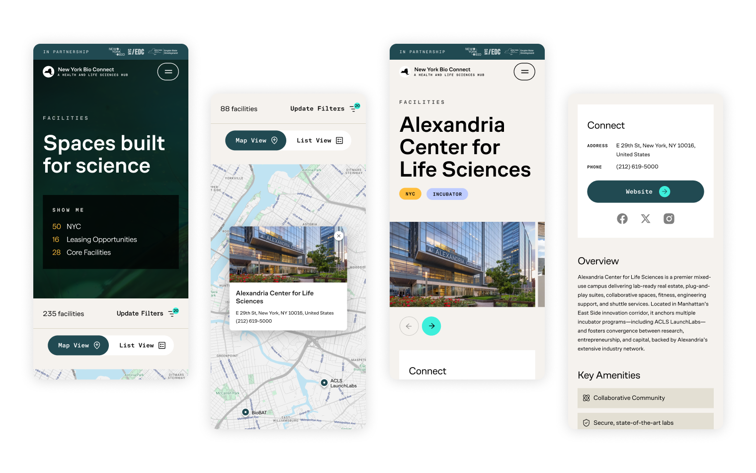 Four mobile screens showing New York Bio Connect app with science facilities list, map view with Alexandria Center for Life Sciences highlighted, center details with image, and contact info with key amenities.